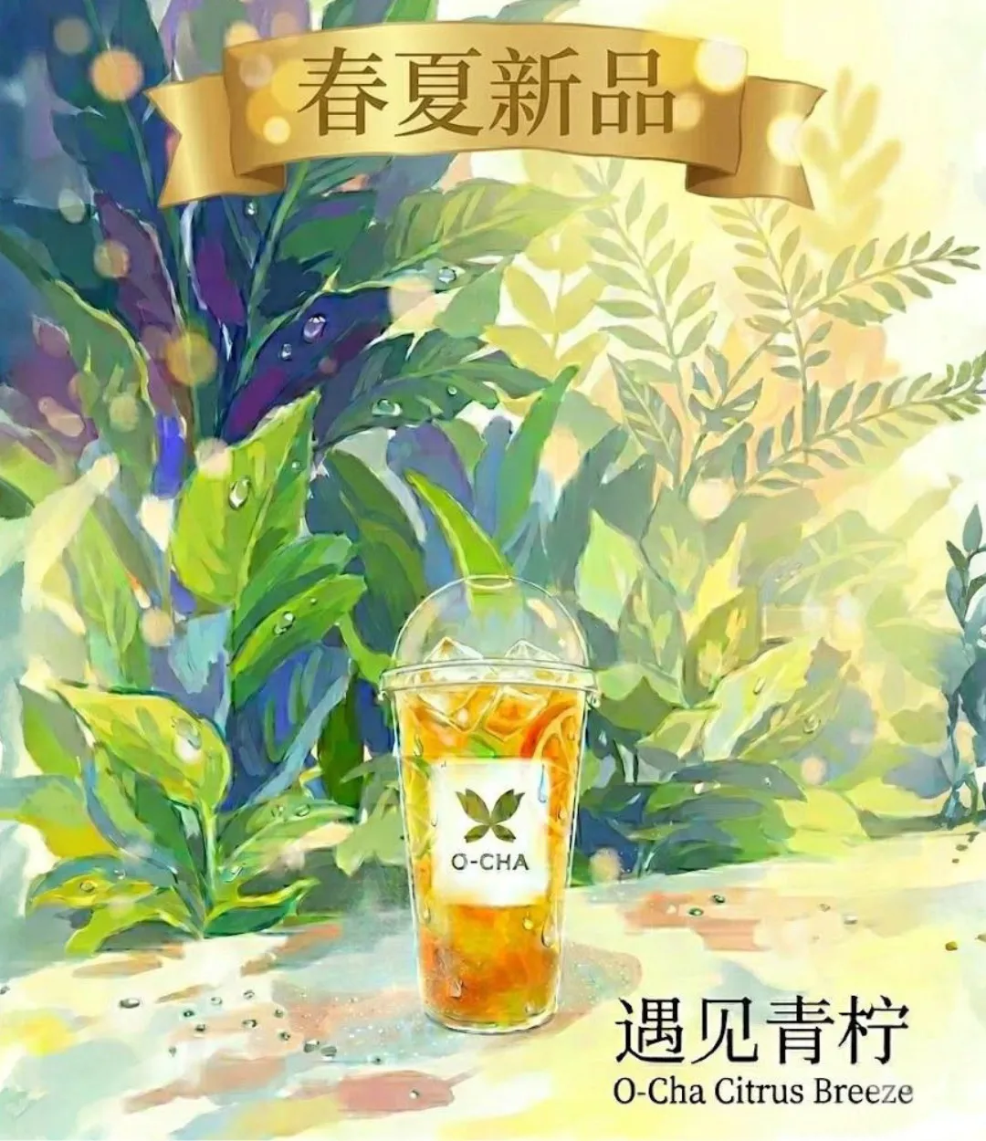 Watercolor poster for O-Cha Citrus Breeze iced tea featuring a cold cup among vibrant green foliage.